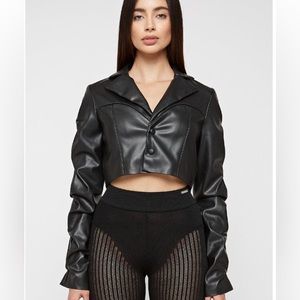 NWT Maniere De Voir Tacked Vegan Leather Cropped Jacket - Black Size 6